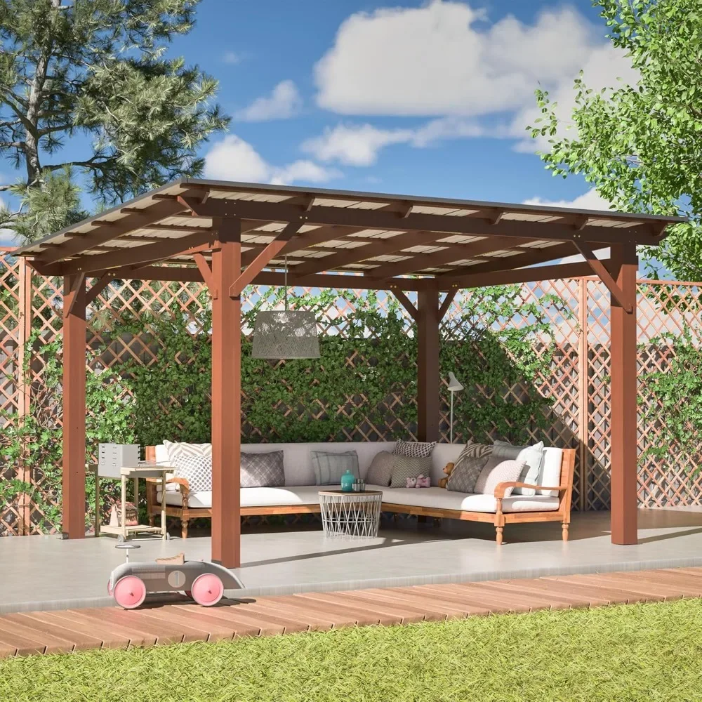 10' x 13' Wooden Pergola with Sloping Metal Roof, Heavy Duty Fir Wood Frame Patio Gazebo, Wind-Resistant UV & Rain Protection
10' x 13' Wooden Pergola with Sloping Metal Roof, Heavy Duty Fir Wood Frame Patio Gazebo, Wind-Resistant UV & Rain Protection