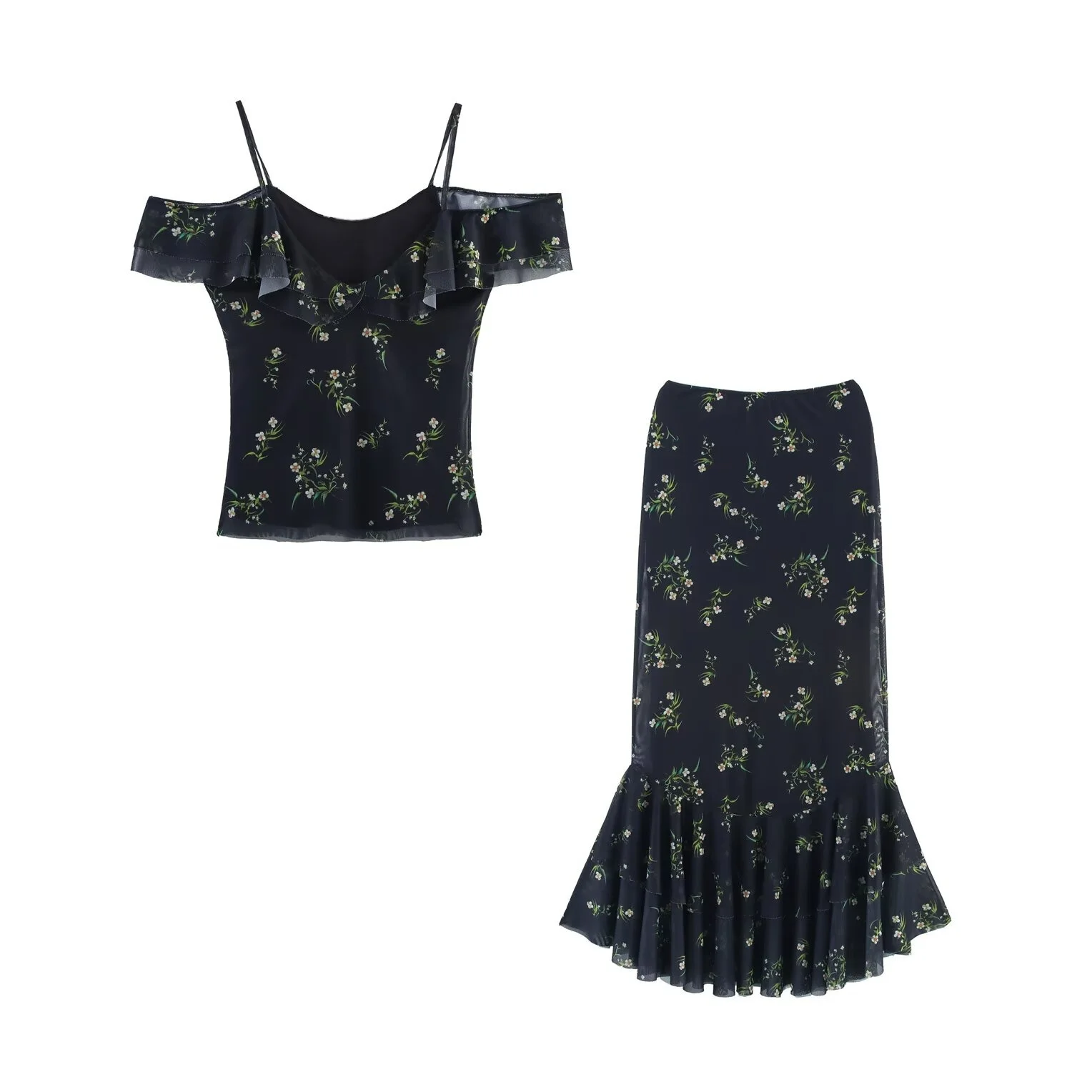 BM&MD&ZA Womens Mesh Printed Spaghetti Strap Crop Top with Ruffled Decoration and Midi Mermaid Skirt Set
BM&MD&ZA Womens Mesh Printed Spaghetti Strap Crop Top with Ruffled Decoration and Midi Mermaid Skirt Set