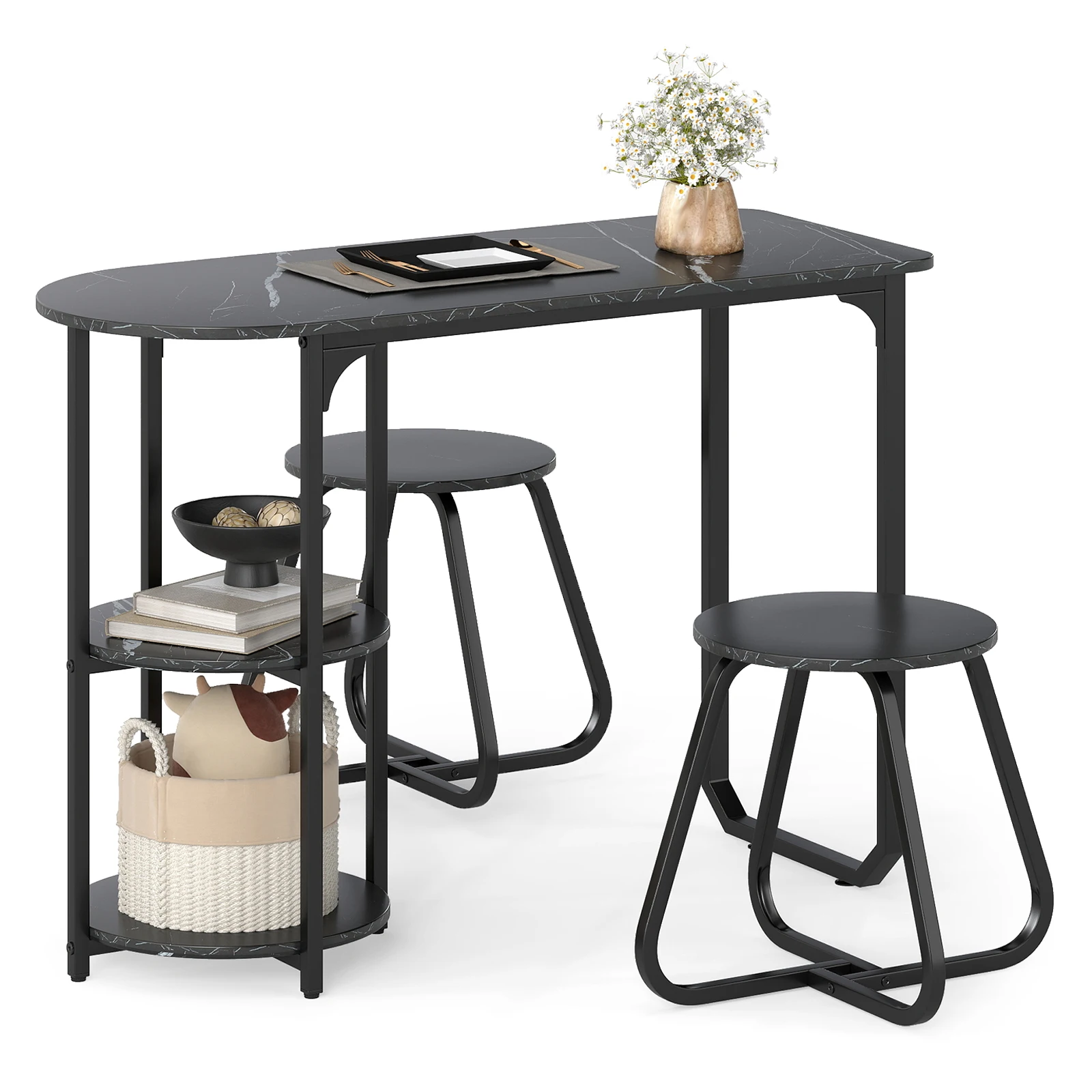 Rectangular Kitchen Table & 2 Stools with 2-tier Storage Shelves & Metal Legs
Rectangular Kitchen Table & 2 Stools with 2-tier Storage Shelves & Metal Legs