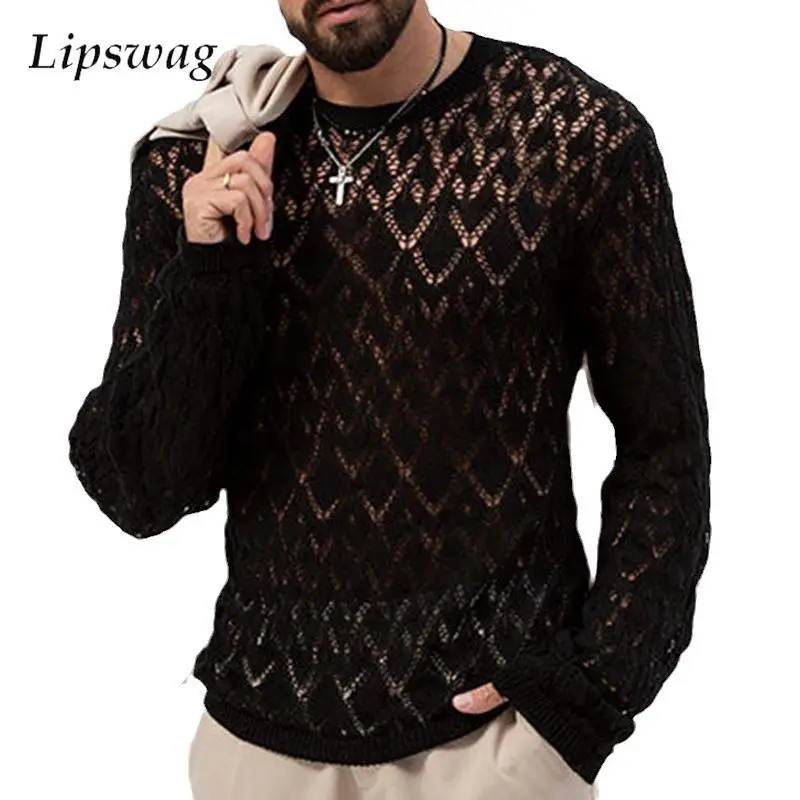 Long Sleeve Knit Jumper Tops Men Fall Vintage Embroidery Hollow Out T-shirts Knitted Mens Clothing Stylish Hollow Out Sexy Tops
Long Sleeve Knit Jumper Tops Men Fall Vintage Embroidery Hollow Out T-shirts Knitted Mens Clothing Stylish Hollow Out Sexy Tops
