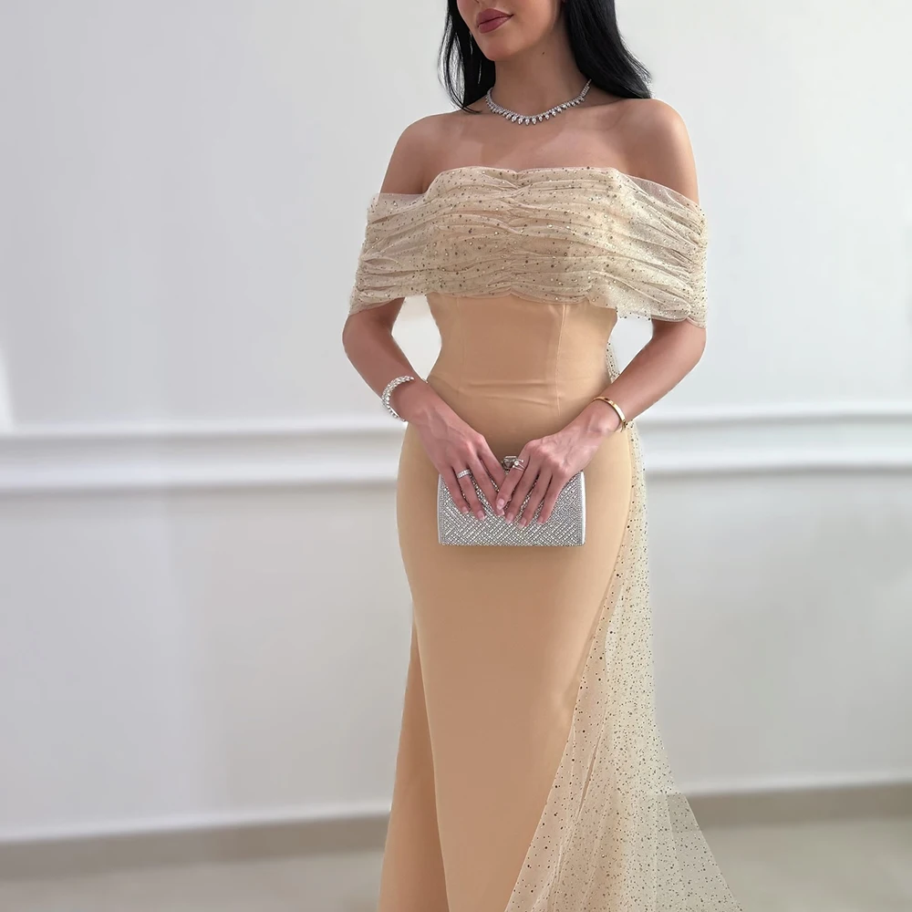 Customized Off the Shoulder With Sequined Jersey Evening Dress Backless Tulle Watteau Train Party Dress Floor Length Prom Gown
Customized Off the Shoulder With Sequined Jersey Evening Dress Backless Tulle Watteau Train Party Dress Floor Length Prom Gown