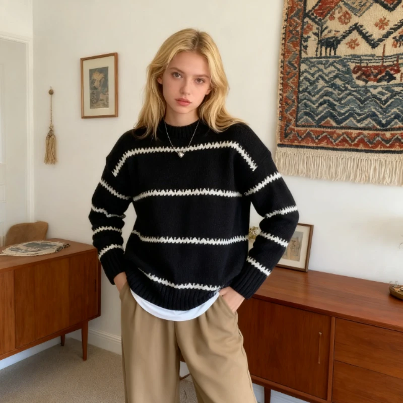 New Fashion Autumn Women's Pullover Sweater Winter Loose All-match Long-sleeved Knitted Top Round Neck Striped Women's Sweater
New Fashion Autumn Women's Pullover Sweater Winter Loose All-match Long-sleeved Knitted Top Round Neck Striped Women's Sweater