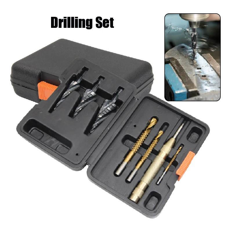 Four blade grind black white step drill woodwork saw drill groove center punch position 7pc drilling set power tool accessory
Four blade grind black white step drill woodwork saw drill groove center punch position 7pc drilling set power tool accessory