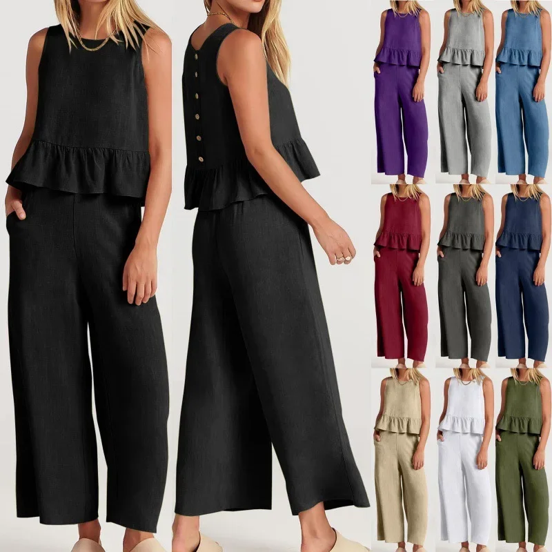 Women Spring Summer Trouser Set Pants Suit Solid Color Wide Leg Pants High Waist Sleeveless O Neck Casual Fashion Comfortable
Women Spring Summer Trouser Set Pants Suit Solid Color Wide Leg Pants High Waist Sleeveless O Neck Casual Fashion Comfortable