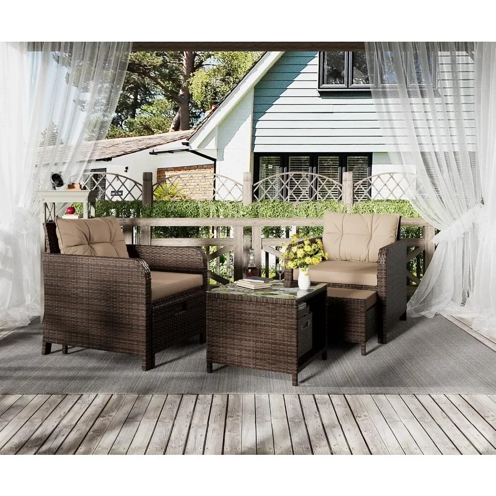 Balcony Furniture 5-piece Terrace Conversation Set, PE Rattan Outdoor Lounge Chair, 2 Soft Cushions Per Glass Table
Balcony Furniture 5-piece Terrace Conversation Set, PE Rattan Outdoor Lounge Chair, 2 Soft Cushions Per Glass Table