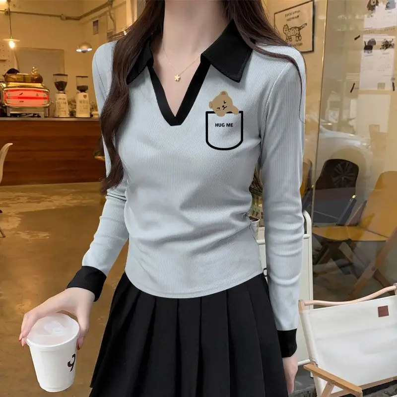Women's Clothing POLO Collar Elastic Long-sleeved T-shirt for Women Spring Autumn Splicing Color Contrasted Slim Fit Printed Top
Women's Clothing POLO Collar Elastic Long-sleeved T-shirt for Women Spring Autumn Splicing Color Contrasted Slim Fit Printed Top