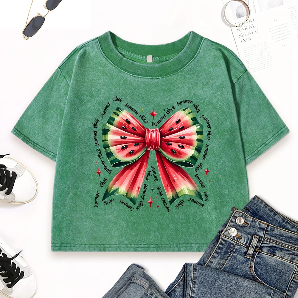 Summer Watermelon Bow Printing Women Washed T Shirt Cotton Casual Short Sleeve Crewneck Crop Top Vintage All-Match Tee Shirts
Summer Watermelon Bow Printing Women Washed T Shirt Cotton Casual Short Sleeve Crewneck Crop Top Vintage All-Match Tee Shirts