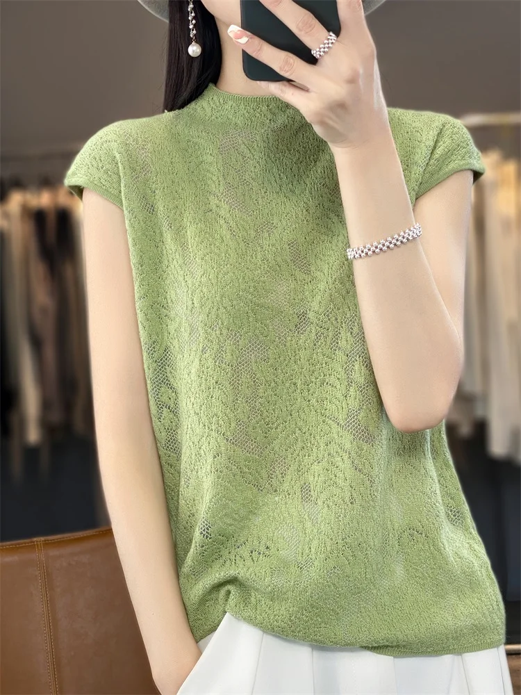 Spring Summer 2025 Ice Silk Knitted Short Sleeve T-Shirt Women's Loose Hollow out Half High Collar Top Comfortable Commute Style
Spring Summer 2025 Ice Silk Knitted Short Sleeve T-Shirt Women's Loose Hollow out Half High Collar Top Comfortable Commute Style