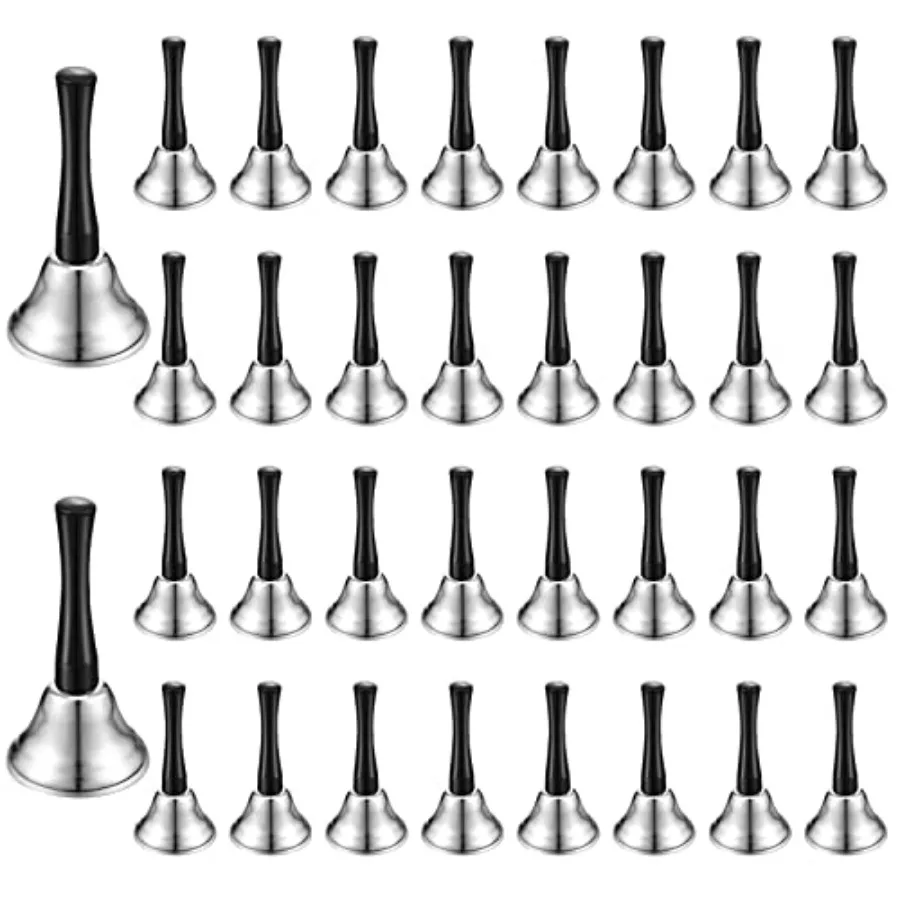 34 Pieces Metal Hand Bell Bulk for Adults Silver Steel Small Hand Held Bells Dinner Call Service with Black Wooden Handle Care
34 Pieces Metal Hand Bell Bulk for Adults Silver Steel Small Hand Held Bells Dinner Call Service with Black Wooden Handle Care