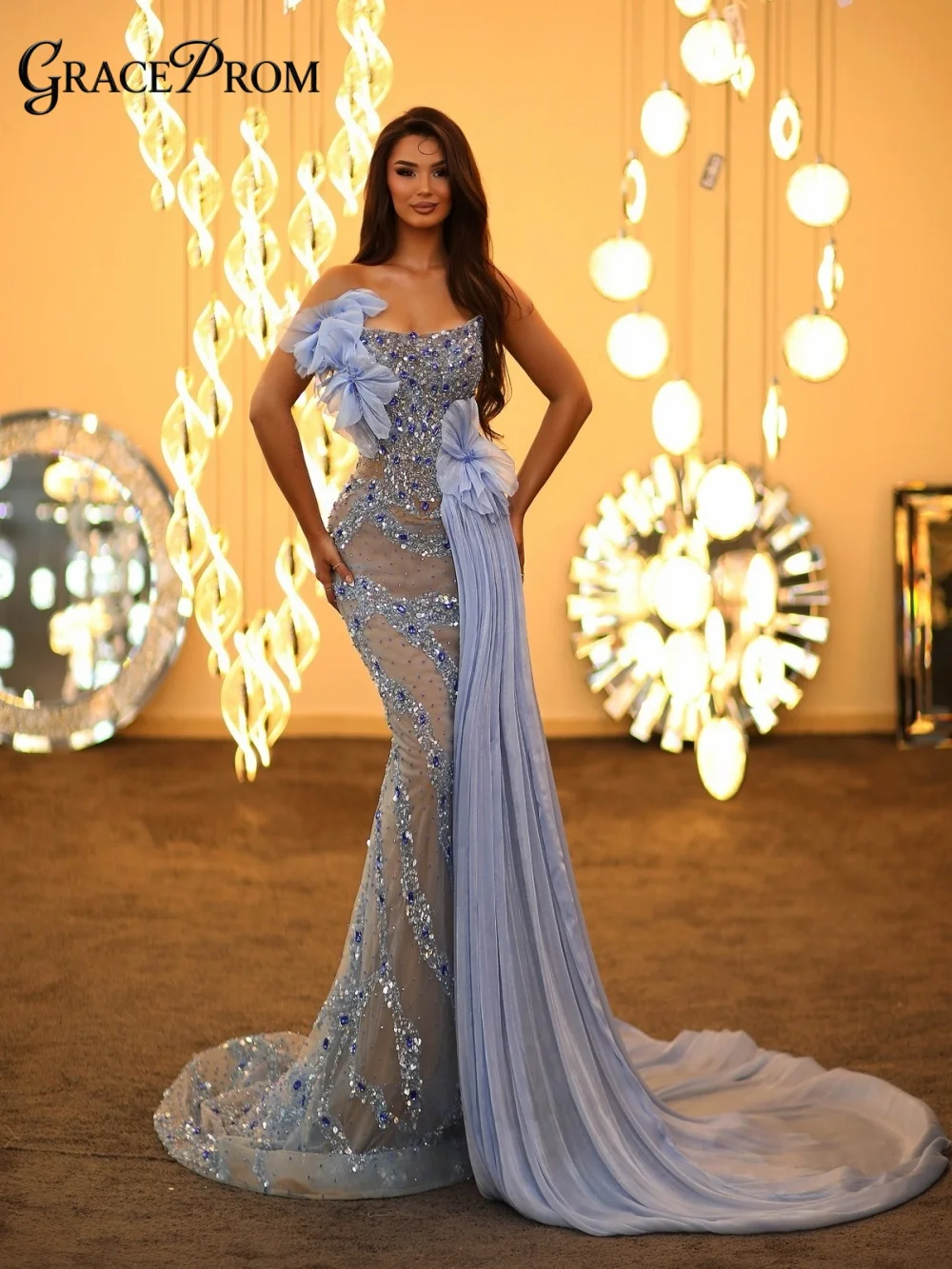 Exquisite Light Blue Crystal Beaded Evening Gown Romantic Floral Applique Side Train Party Dress For Wedding Guests فساتين سهرة
Exquisite Light Blue Crystal Beaded Evening Gown Romantic Floral Applique Side Train Party Dress For Wedding Guests فساتين سهرة