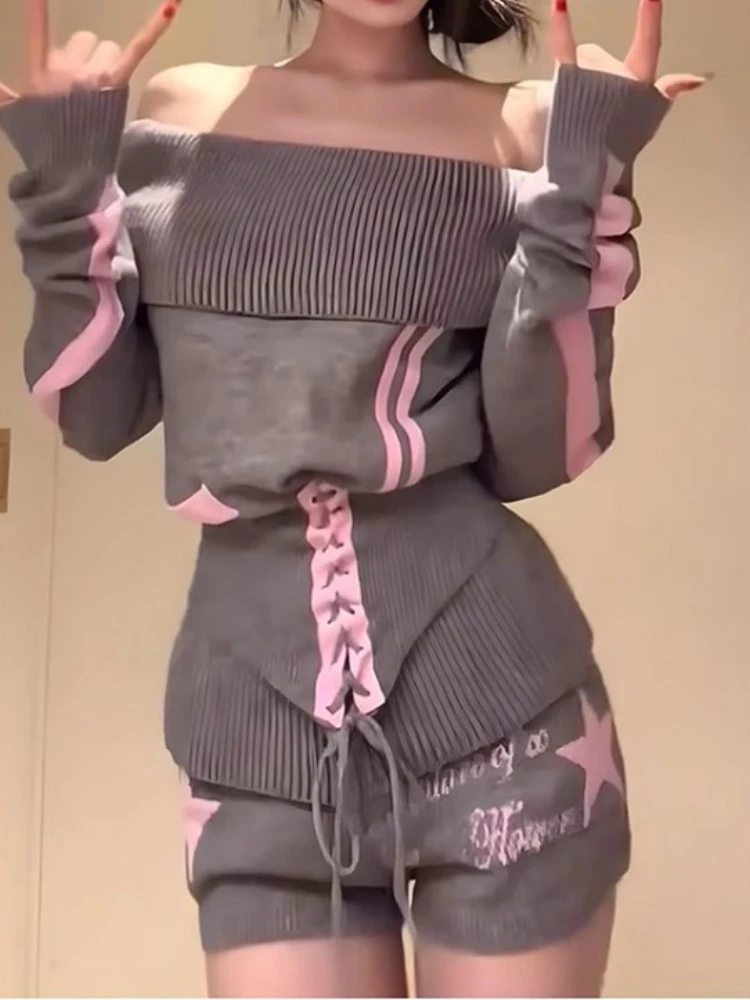 Lazy Gray Off Shoulder Long Sleeve Knitted Pullover+ Y2k High Waist Star Print Shorts Spring Autumn New Two Piece Sets
Lazy Gray Off Shoulder Long Sleeve Knitted Pullover+ Y2k High Waist Star Print Shorts Spring Autumn New Two Piece Sets