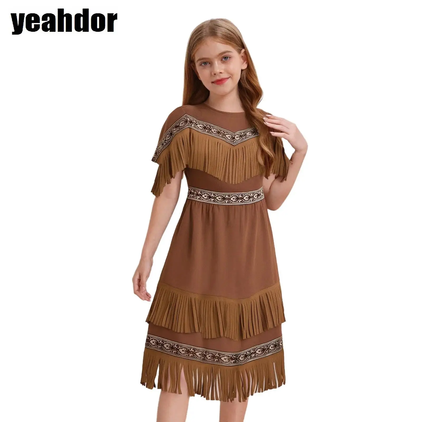 Girls Indian Indigenous Costume Halloween Savage Cosplay Aboriginal Dress Native Archer Huntress Short Sleeve Layer Fringe Dress
Girls Indian Indigenous Costume Halloween Savage Cosplay Aboriginal Dress Native Archer Huntress Short Sleeve Layer Fringe Dress