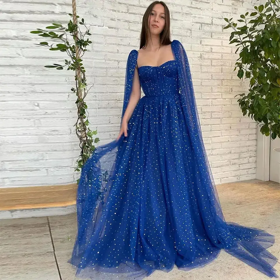 Custom Made Sparkly Royal Blue Starry Sky Tulle Prom Dress Long Cloak Sleeves Sweetheart A Line Formal Party Dress 2024
Custom Made Sparkly Royal Blue Starry Sky Tulle Prom Dress Long Cloak Sleeves Sweetheart A Line Formal Party Dress 2024