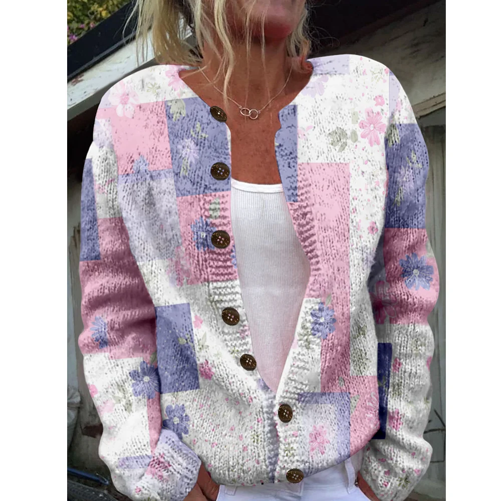 Осень-зима вязаный клетчатый кардиган с цветочным принтом, повседневный свитер, уличная одежда, женские свитера, вязаный топ, крутые джемперы, модные 
Осень-зима вязаный клетчатый кардиган с цветочным принтом, повседневный свитер, уличная одежда, женские свитера, вязаный топ, крутые джемперы, модные