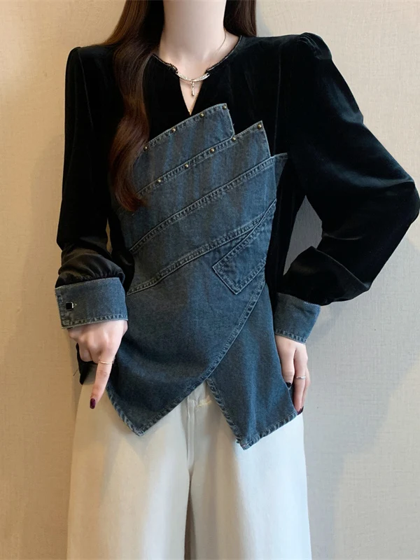 Design Sensation Denim Velvet Long Sleeve Women's Top V-Neck Irregular Shoulder Fit Spring New plus Size Korean Style
Design Sensation Denim Velvet Long Sleeve Women's Top V-Neck Irregular Shoulder Fit Spring New plus Size Korean Style