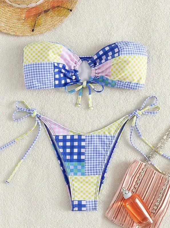 Sexy Plaid Bikinis Set with Sweetheart Bandeau and Tie Bottom, 2-piece Bikini with Plaid Triangle and Ruffle Bottom swimsuit
Sexy Plaid Bikinis Set with Sweetheart Bandeau and Tie Bottom, 2-piece Bikini with Plaid Triangle and Ruffle Bottom swimsuit