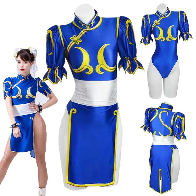 Women's Street Fighter Chun Li Cosplay Costume Blue Cheongsam with Hair Accessories and Waistband Halloween Costume
Women's Street Fighter Chun Li Cosplay Costume Blue Cheongsam with Hair Accessories and Waistband Halloween Costume