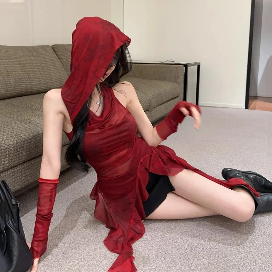 Women's Sexy Red Mesh See Through Top Hooded Tee Irregular Ruffle Extra Long Sleeve Top Y2K Irregular with Sleeve Covered Top
Women's Sexy Red Mesh See Through Top Hooded Tee Irregular Ruffle Extra Long Sleeve Top Y2K Irregular with Sleeve Covered Top