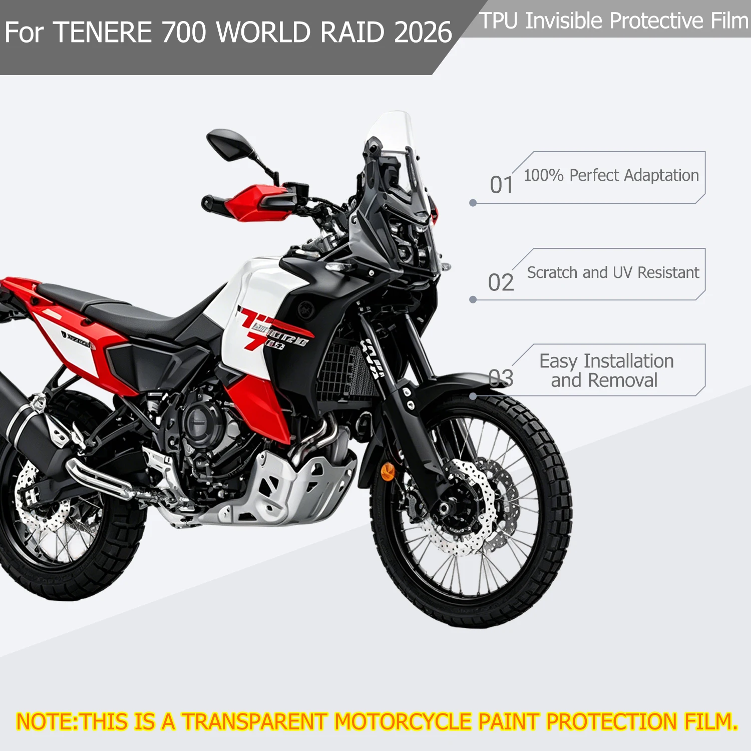 For YAMAHA TENERE 700 WORLD RAID 2026 PPF Motorcycle Paint Protection Fits Fairing Protection Clear TPU Anti-scratch Film
For YAMAHA TENERE 700 WORLD RAID 2026 PPF Motorcycle Paint Protection Fits Fairing Protection Clear TPU Anti-scratch Film