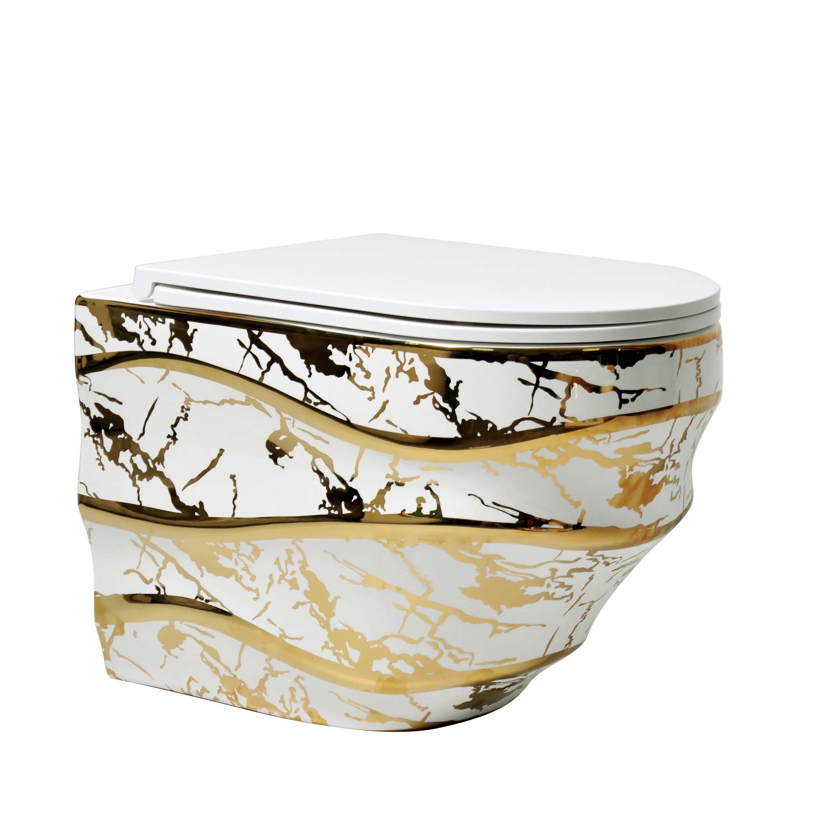 Golden Rimless Wall Hung Toilet Wave Shape Ceramic Gold Plated Bathroom WC Wholesale New Hanging Design
Golden Rimless Wall Hung Toilet Wave Shape Ceramic Gold Plated Bathroom WC Wholesale New Hanging Design
