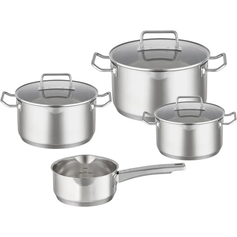 4-Piece Stainless Steel Pot Set with 3 Pots and 1 Saute Pan, 18/10 Grade, Glass Lids, Induction Compatible, Dishwasher Safe
4-Piece Stainless Steel Pot Set with 3 Pots and 1 Saute Pan, 18/10 Grade, Glass Lids, Induction Compatible, Dishwasher Safe