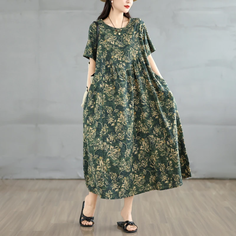 Summer New Vintage Bamboo Fiber Loose A-Line Dress Women's round Neck Pocket Short Sleeve Long Dress Artistic Style High Waist
Summer New Vintage Bamboo Fiber Loose A-Line Dress Women's round Neck Pocket Short Sleeve Long Dress Artistic Style High Waist