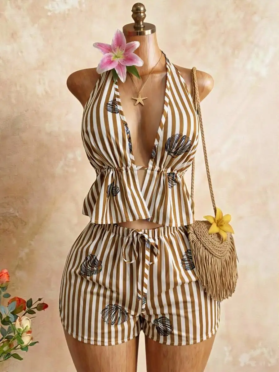 Womens Khaki White Striped Deep V-Neck Tie Strap Top And Drawstring Waist Beach Shorts Set
Womens Khaki White Striped Deep V-Neck Tie Strap Top And Drawstring Waist Beach Shorts Set