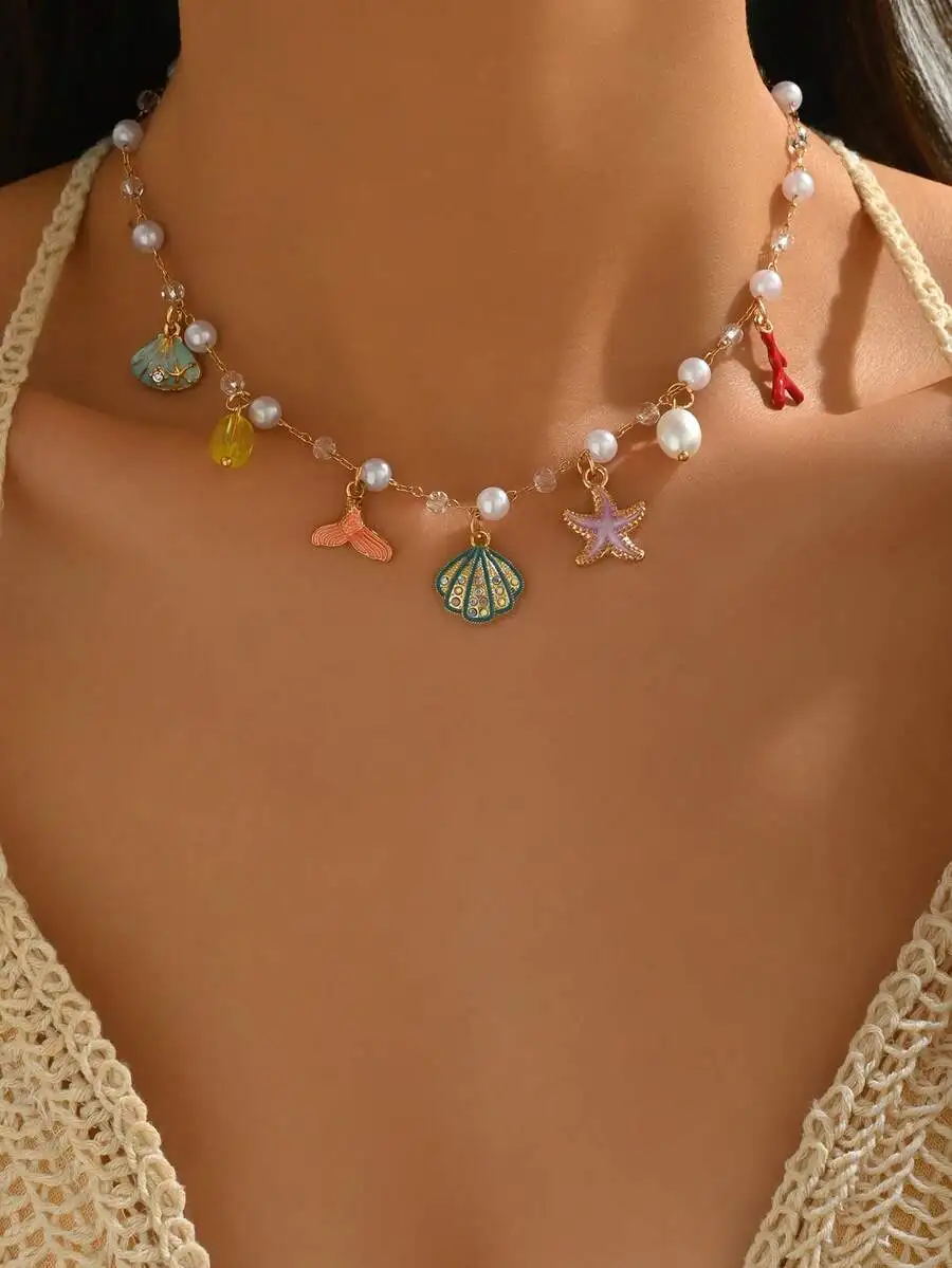 1pc Women's Gold Starfish & Shell Faux Pearl Necklace, Bohemian Beaded Shell Choker Necklace, Beach Hawaii Resort Mermaid Access
1pc Women's Gold Starfish & Shell Faux Pearl Necklace, Bohemian Beaded Shell Choker Necklace, Beach Hawaii Resort Mermaid Access