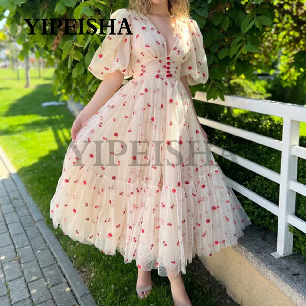 Lovely Cherry Patterned Prom Dresses V-Neck Half Sleeve A-Line Evening Tea-Length Simple Party Dress robes de soirée
Lovely Cherry Patterned Prom Dresses V-Neck Half Sleeve A-Line Evening Tea-Length Simple Party Dress robes de soirée