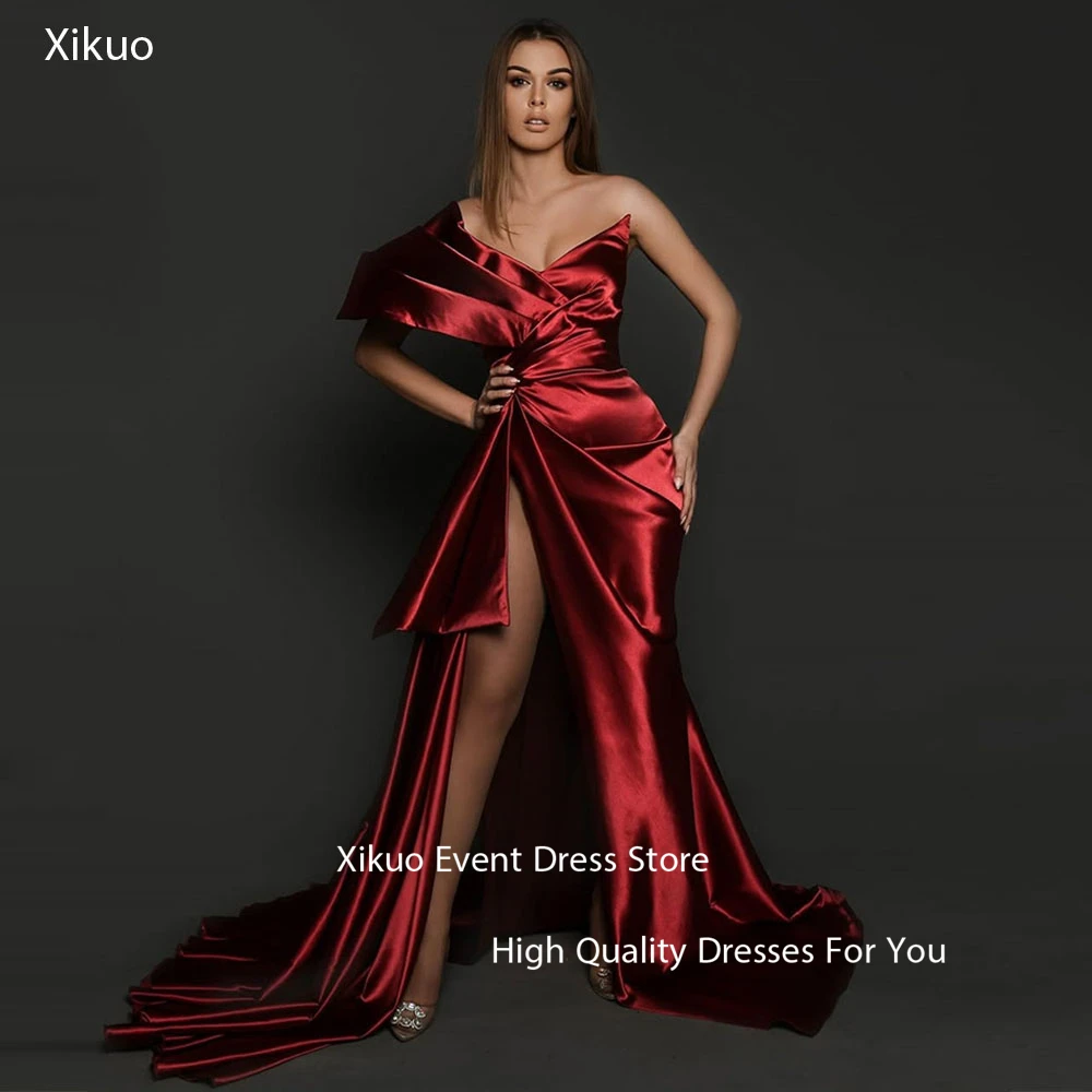 Xikuo Graceful Burgundy Satin Prom Dress High Side Slit Bespoke Occasion Mermaid Evening Gown Strapless Evening Dress Customized 
Xikuo Graceful Burgundy Satin Prom Dress High Side Slit Bespoke Occasion Mermaid Evening Gown Strapless Evening Dress Customized