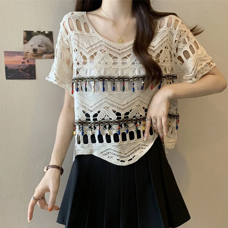 Boring Honey Summer Bohemian Fashion T-Shirt Women Hollow-Out Knitted Short Sleeves Top Women All-Match Sense Of Design T-Shirts
Boring Honey Summer Bohemian Fashion T-Shirt Women Hollow-Out Knitted Short Sleeves Top Women All-Match Sense Of Design T-Shirts