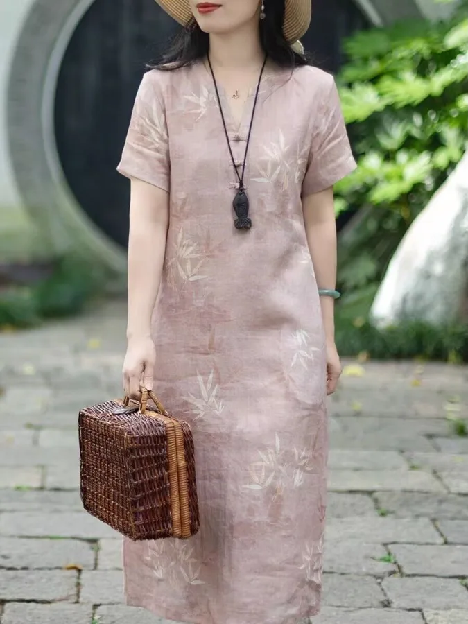 Slimming New Chinese Style Bamboo Leaf Print Flax V-neck Short Sleeve Qipao Dress Summer Artistic Retro Straight Cut Dress
Slimming New Chinese Style Bamboo Leaf Print Flax V-neck Short Sleeve Qipao Dress Summer Artistic Retro Straight Cut Dress