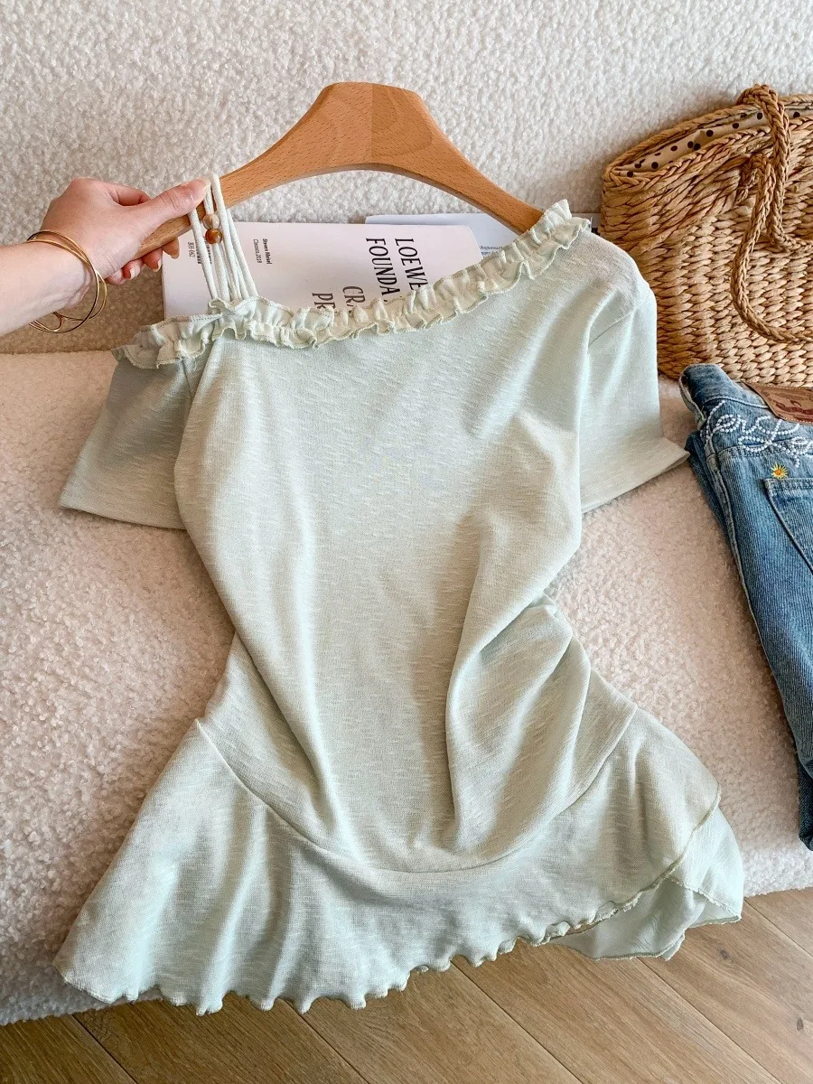 Shoulder Ruffle Short Sleeve Women's T-shirt Summer Thin Irregular Beaded Unique Beautiful Top Polyester Cotton Blend
Shoulder Ruffle Short Sleeve Women's T-shirt Summer Thin Irregular Beaded Unique Beautiful Top Polyester Cotton Blend