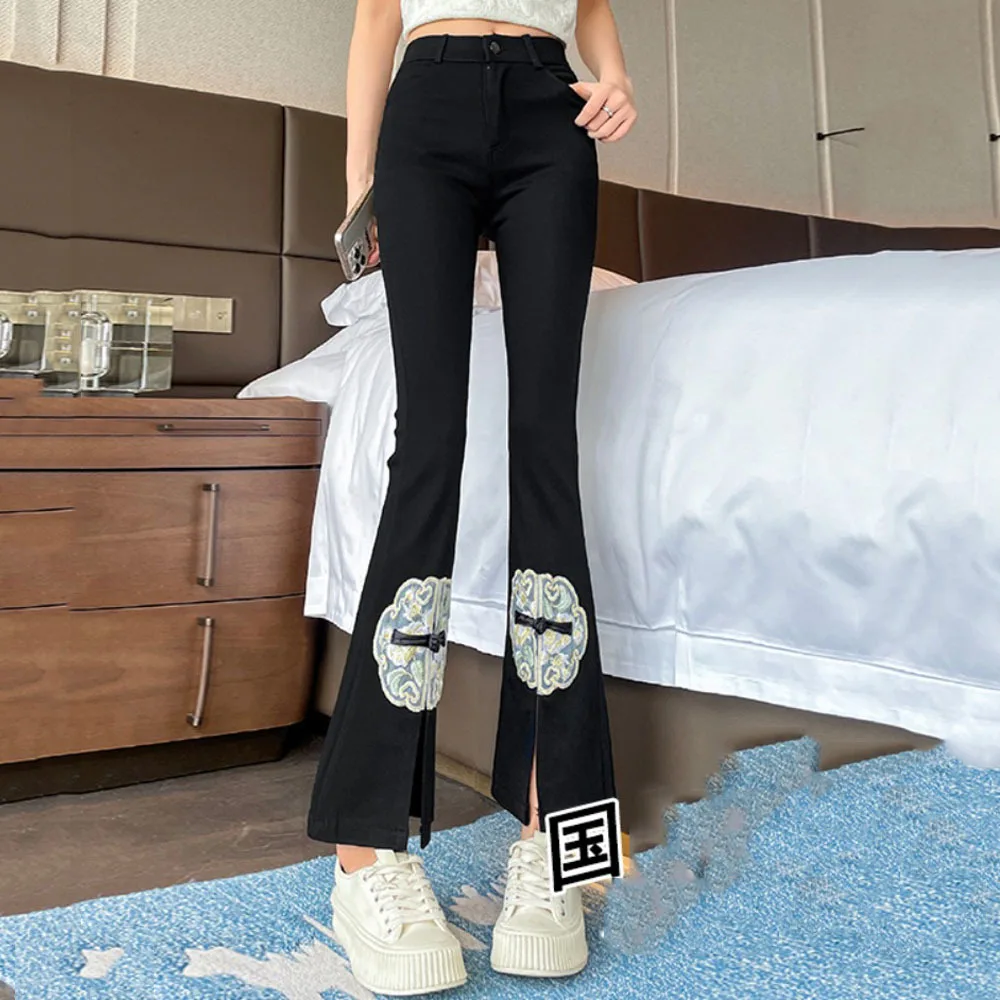 Chinese Style Women Flare Pants Slim High Waist Fashion Embroidered Buckle Split Trousers Casual Streetwear Elastic Skinny Pants
Chinese Style Women Flare Pants Slim High Waist Fashion Embroidered Buckle Split Trousers Casual Streetwear Elastic Skinny Pants