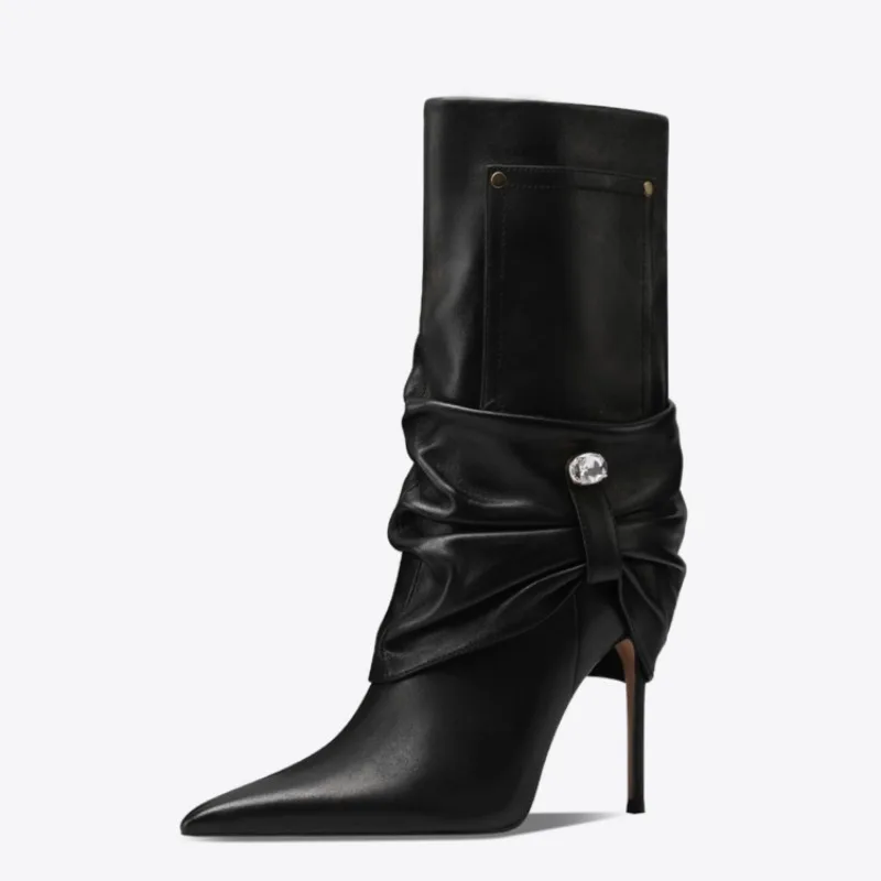 New Concise Black Pleated Rivet High-heeled Mid-calf Boots Autumn Winter Fashion British Pointed Women Ankle Boots Sizes 35-47
New Concise Black Pleated Rivet High-heeled Mid-calf Boots Autumn Winter Fashion British Pointed Women Ankle Boots Sizes 35-47
