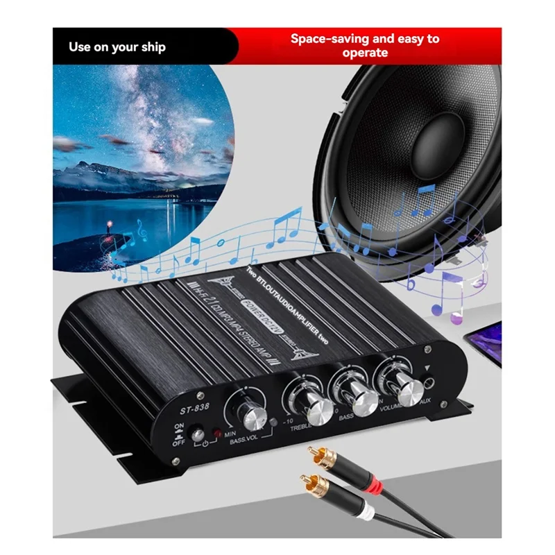 ST-838 Mini Hifi 2.1 Channel Stereo Bass Sound Amp Bass And Treble Adjustment Audio Amplifier Car Home Amp EU Plug
ST-838 Mini Hifi 2.1 Channel Stereo Bass Sound Amp Bass And Treble Adjustment Audio Amplifier Car Home Amp EU Plug