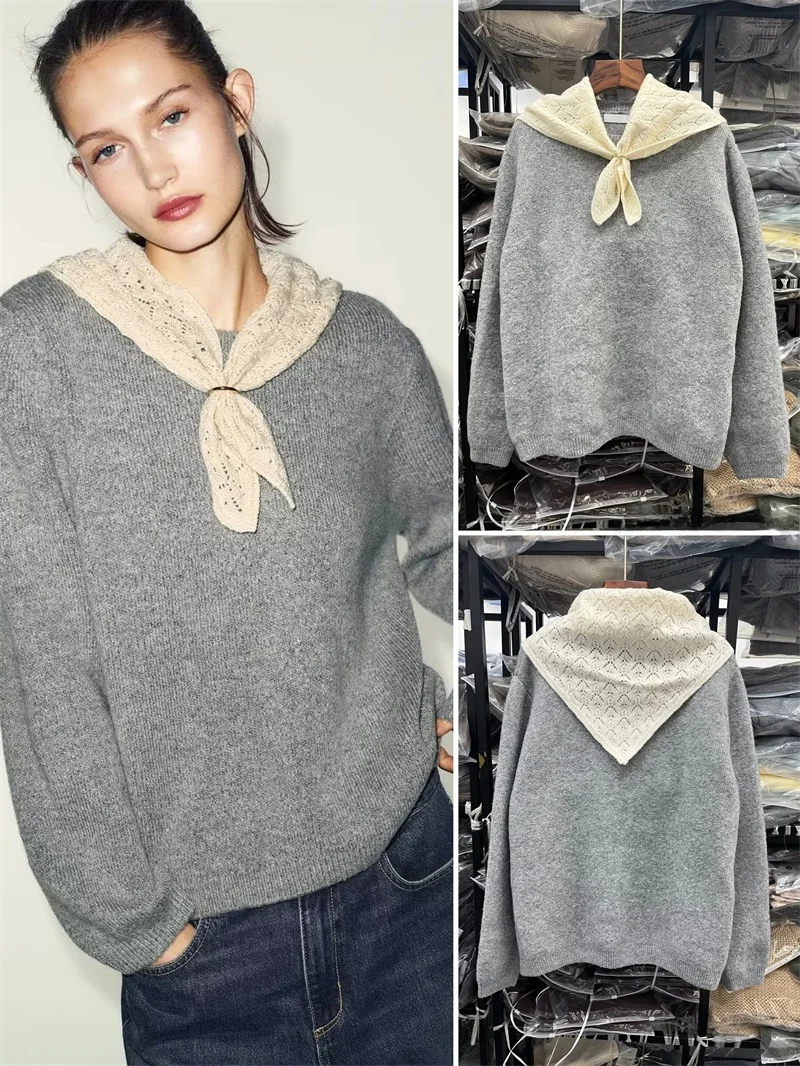 Gold Ring Decoration Long Sve round Ne Knitted Sweater with Square Scarf Splicing Casual Sle Women's Winter New Arrival
Gold Ring Decoration Long Sve round Ne Knitted Sweater with Square Scarf Splicing Casual Sle Women's Winter New Arrival