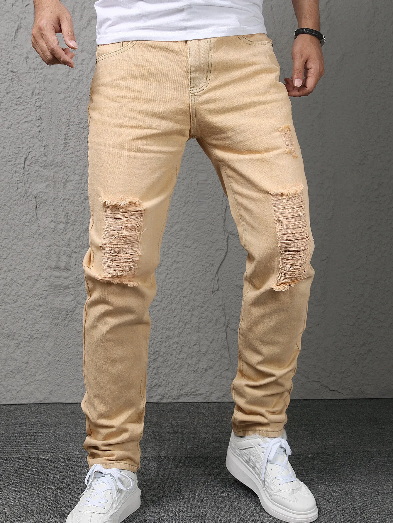 Men's Slim Fit Ripped Jeans European American High Street Style Non-Stretch Tapered Denim Pants
Men's Slim Fit Ripped Jeans European American High Street Style Non-Stretch Tapered Denim Pants