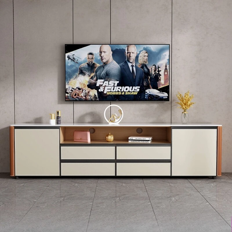 Light luxury saddle leather high TV cabinet household living room solid wood storage rock slab storage cabinet 
Light luxury saddle leather high TV cabinet household living room solid wood storage rock slab storage cabinet