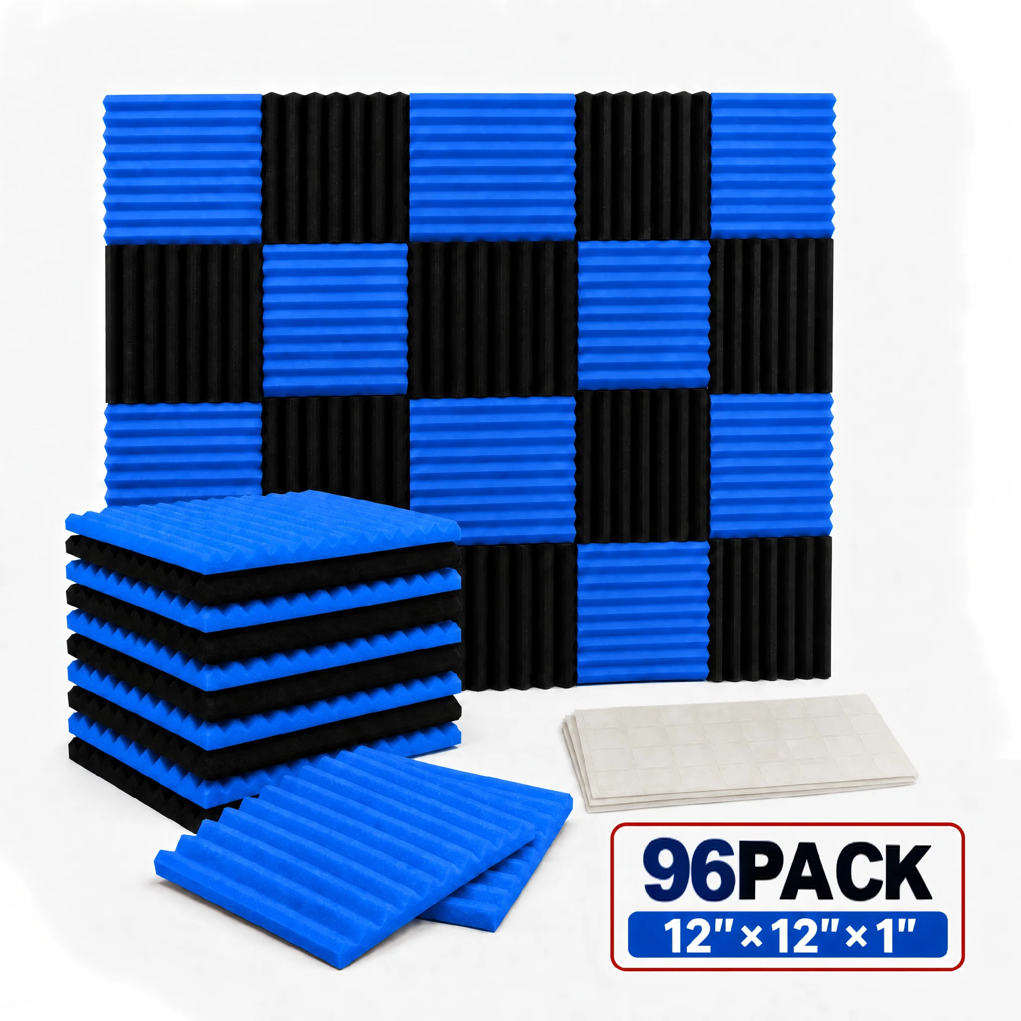 96 Pack Absorb the echo Acoustic Foam Panel Wedge Studio Soundproofing Wall Tiles Blue/black 12" X 12" X 1"(Accompanied By Double-Sided Adhesive Tape)
96 Pack Absorb the echo Acoustic Foam Panel Wedge Studio Soundproofing Wall Tiles Blue/black 12" X 12" X 1"(Accompanied By Double-Sided Adhesive Tape)
