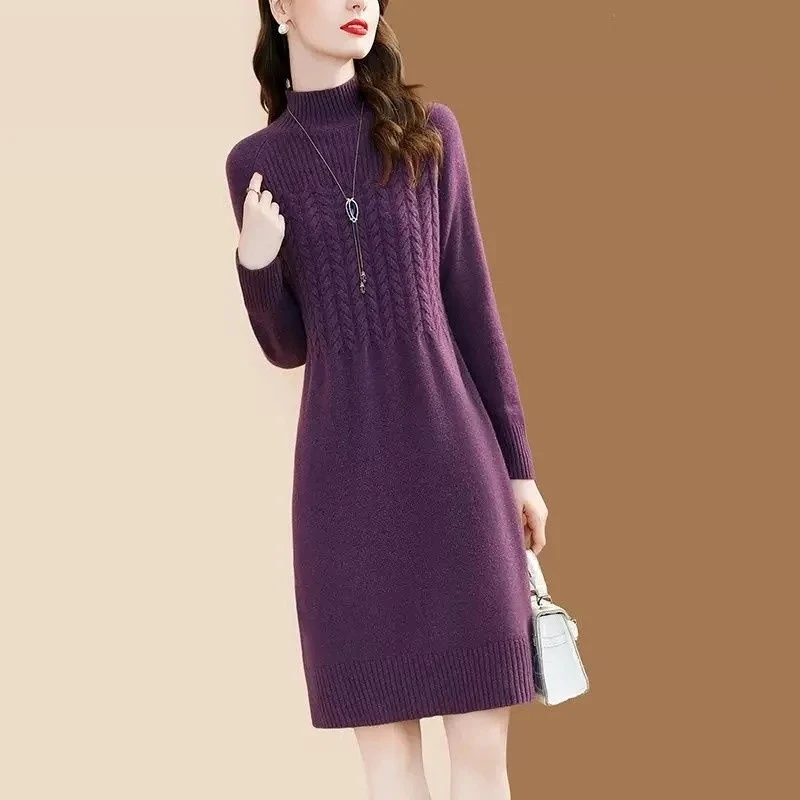Winter Knitting Pleated Dress Women Solid Elegant Half High Collar Solid Long Sleeve Soft Ladies Purple Party Dresses A1301
Winter Knitting Pleated Dress Women Solid Elegant Half High Collar Solid Long Sleeve Soft Ladies Purple Party Dresses A1301