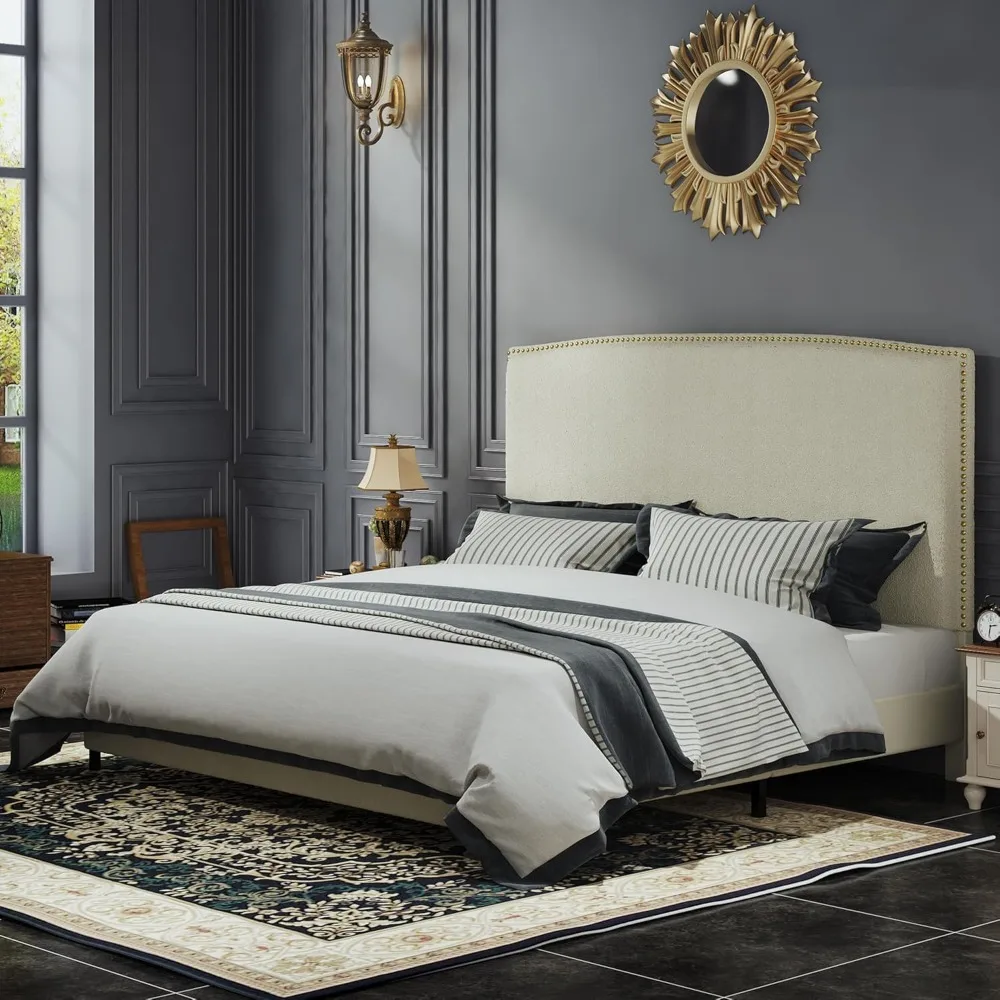 Contemporary King-Sized Platform Bed with Padded Headboard, 56" Width, Plush Boucle Fabric and Gold Trim, Box Spring Not Require
Contemporary King-Sized Platform Bed with Padded Headboard, 56" Width, Plush Boucle Fabric and Gold Trim, Box Spring Not Require