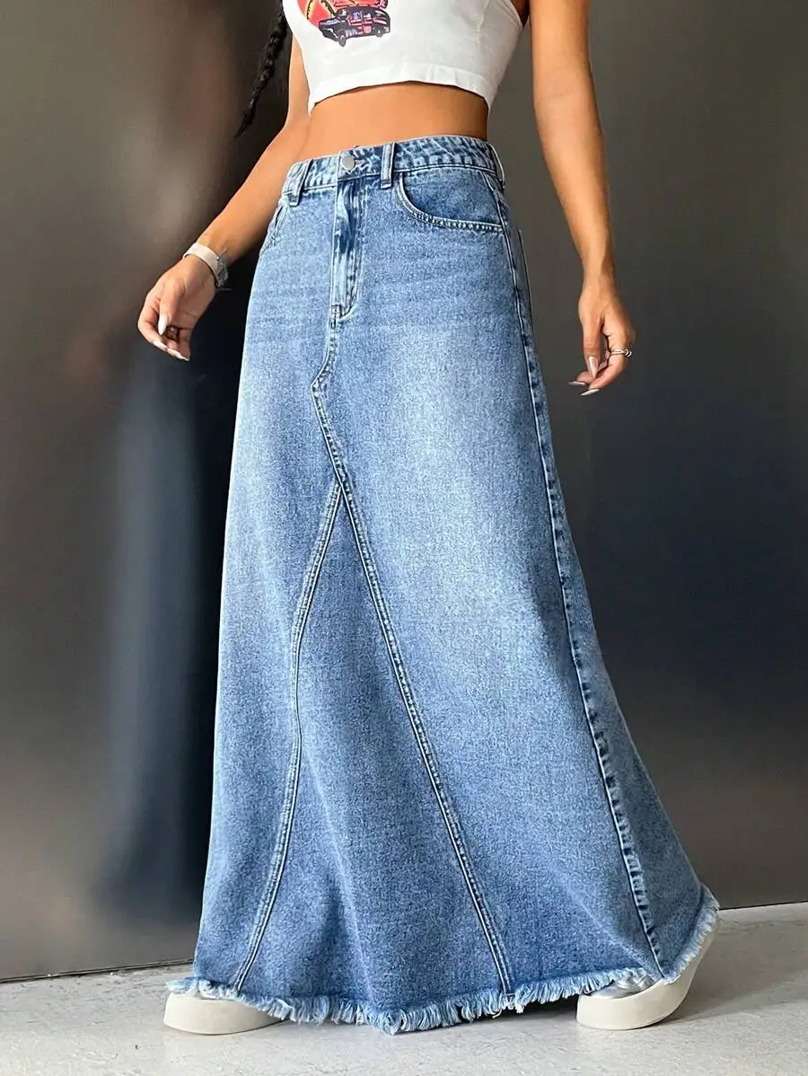 High-Waisted Wide-Leg Denim Maxi Skirt with Frayed Hem
High-Waisted Wide-Leg Denim Maxi Skirt with Frayed Hem