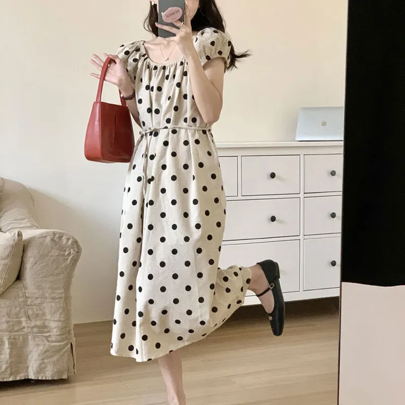 Korean Loose Polka Dot Dresses Female Clothing Gentle French Style Puff Sleeve Summer Fashion Waist Drawstring Casual Midi Dress
Korean Loose Polka Dot Dresses Female Clothing Gentle French Style Puff Sleeve Summer Fashion Waist Drawstring Casual Midi Dress