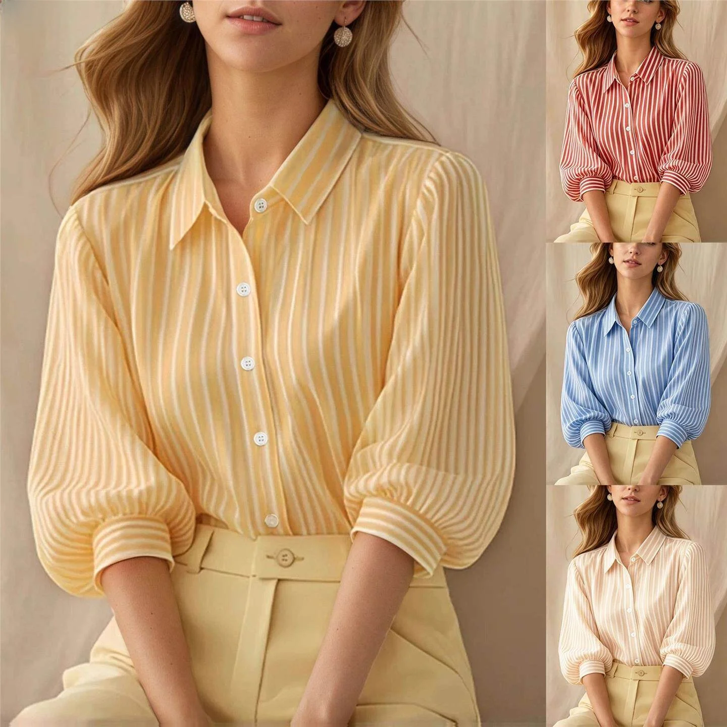 Striped Bubble Sleeve Shirt Women's Fashion Commute Turn-down Collar Seven-eighths Length Casual Winter Season European Style
Striped Bubble Sleeve Shirt Women's Fashion Commute Turn-down Collar Seven-eighths Length Casual Winter Season European Style