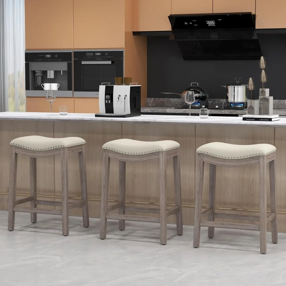 Counter Height Stools Set of 3, 27 in Backless Bar Stools with Hand-Brushed Wood Finish Leg & Footrest, Farmhouse Nailhead Sadd
Counter Height Stools Set of 3, 27 in Backless Bar Stools with Hand-Brushed Wood Finish Leg & Footrest, Farmhouse Nailhead Sadd