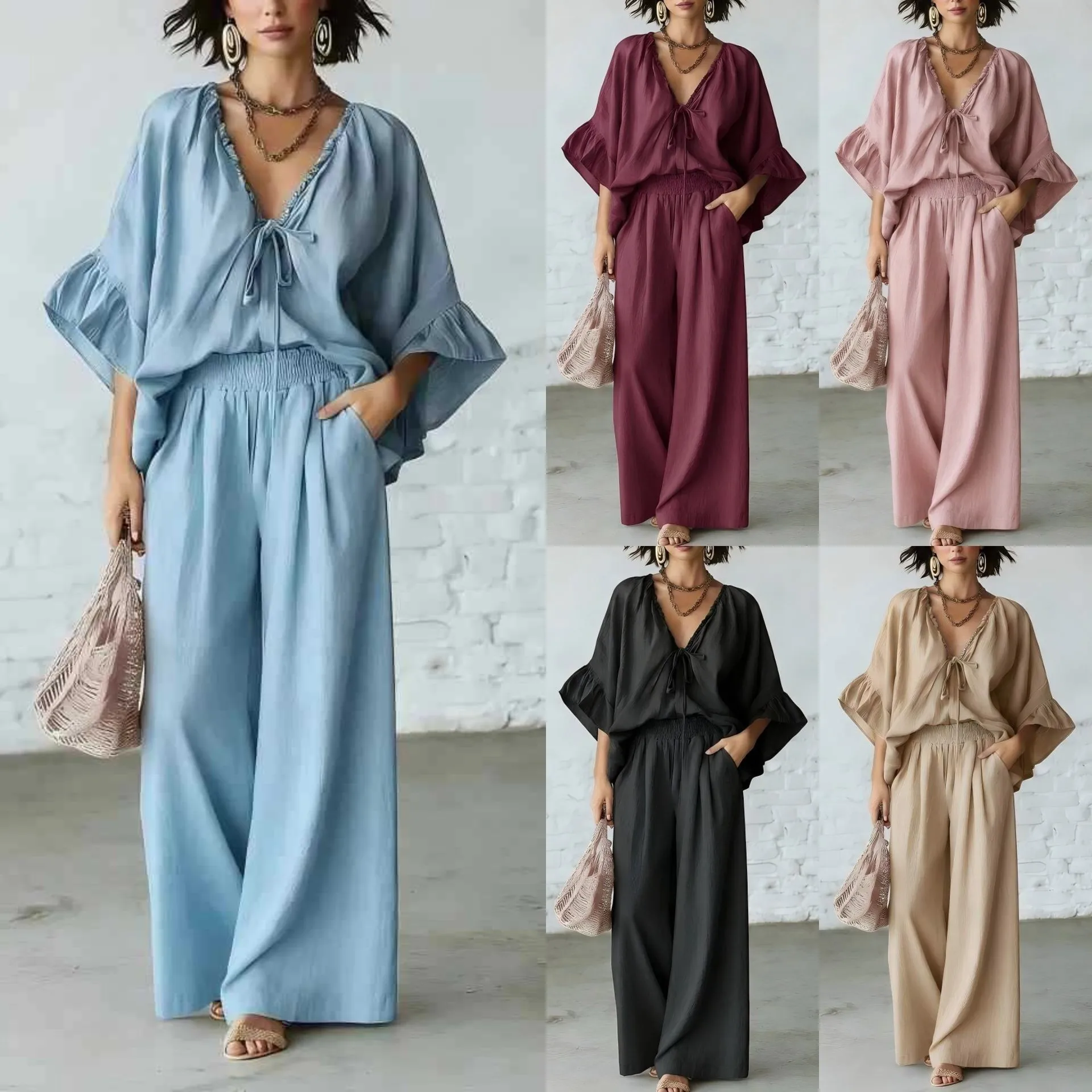 Summer Women's Clothing Casual Elegant Two Set Short Sleeve Top And Loose Wide Leg Pants Polyester Flattering Outfit
Summer Women's Clothing Casual Elegant Two Set Short Sleeve Top And Loose Wide Leg Pants Polyester Flattering Outfit