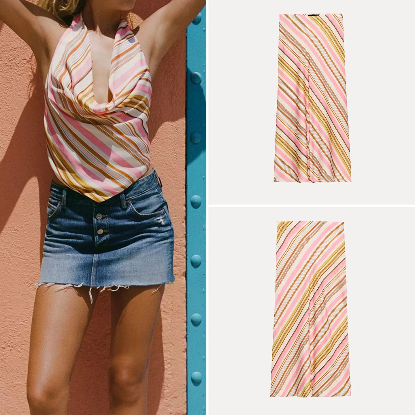 Women's Fashion Striped Midi Skirt And Top Set Hanging Collar Quality Texture Summer Outfit Two-Piece Ensemble Zadata Brand
Women's Fashion Striped Midi Skirt And Top Set Hanging Collar Quality Texture Summer Outfit Two-Piece Ensemble Zadata Brand
