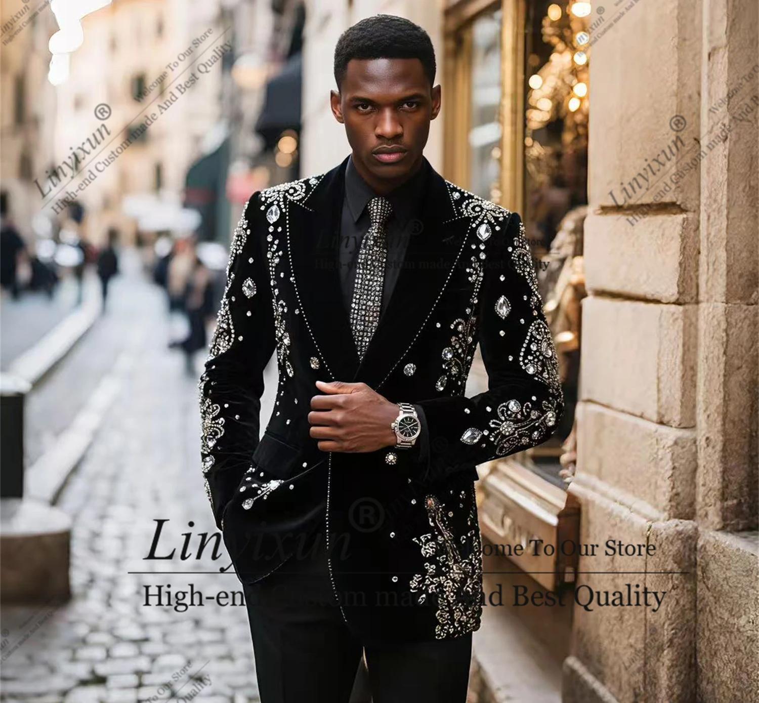 Elegent Crystals Gem Beadeds Men Suits Peacked Lapel Groom Tuxedos 2 Pieces Sets Party Prom Blazer Customized Costume Homme 
Elegent Crystals Gem Beadeds Men Suits Peacked Lapel Groom Tuxedos 2 Pieces Sets Party Prom Blazer Customized Costume Homme