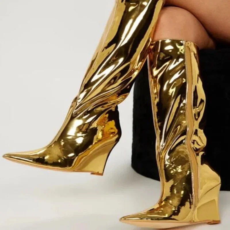 Gold Mirror Leather Women Wedge Boots Pointed Toe Zipper Metallic Height Increasing Knee High Boot Fashion Winter Shoes
Gold Mirror Leather Women Wedge Boots Pointed Toe Zipper Metallic Height Increasing Knee High Boot Fashion Winter Shoes
